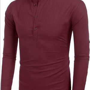 Coofandy Men’s cotton wine red Linen Henley long sleeve